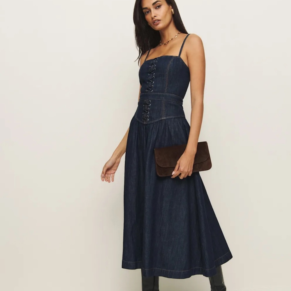 Reformation Florentina Denim Midi Dress in XS